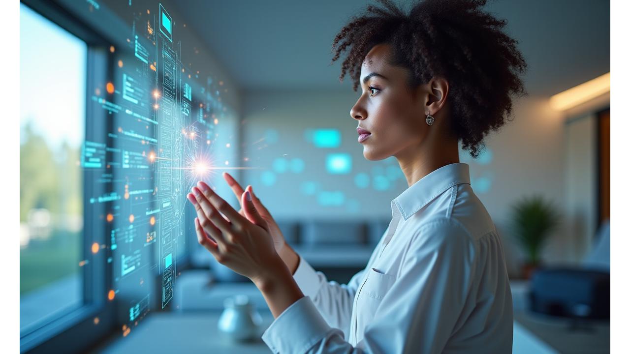Futuristisk bilde av menneske og AI som jobber sammen, flytende linjer og noder som representerer dataflyt.