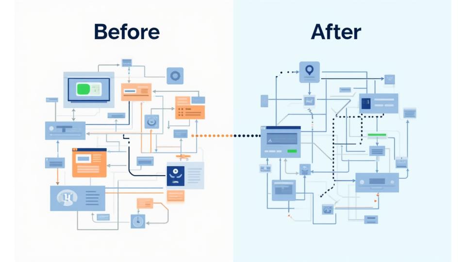 Diagram som illustrerer en automatisert arbeidsflyt med før og etter sammenligning av tid spart.