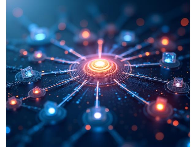 En futuristisk visualisering av AI og nye teknologier, med skinnende dataflyter og neonlys som forbinder abstrakte symboler for innovasjon og analyse.