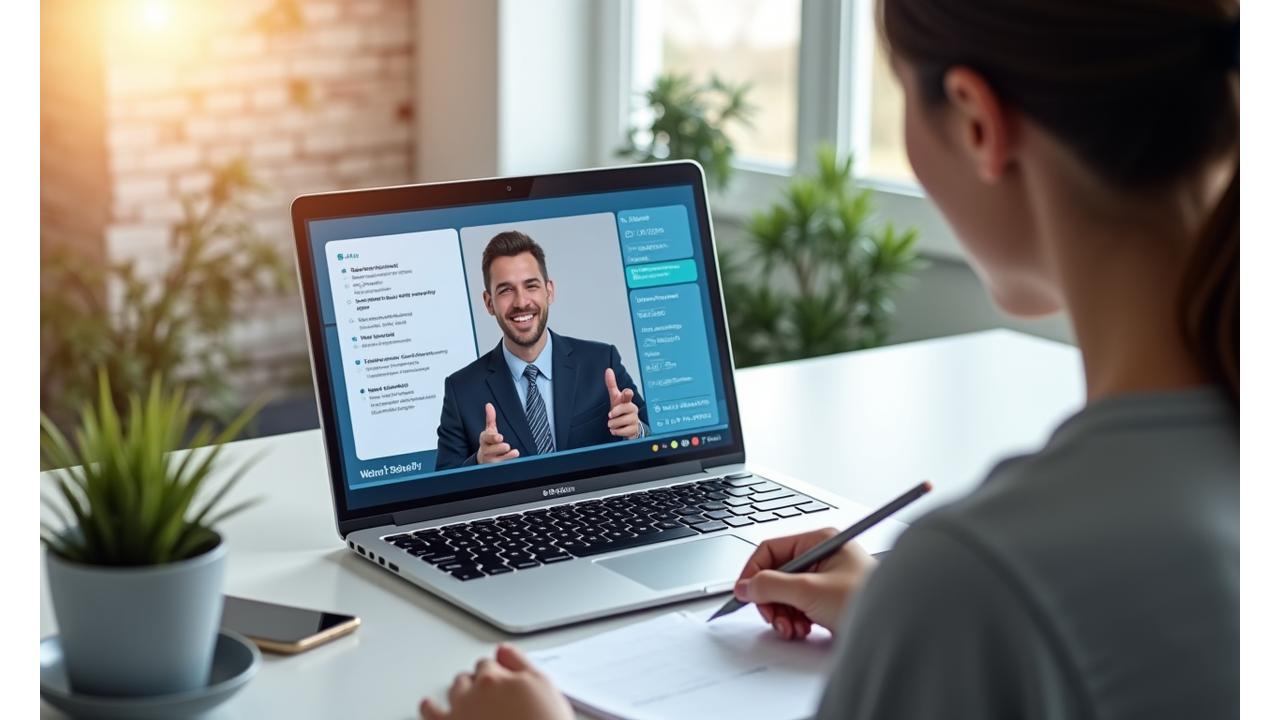 En person blir veiledet via videokonferanse på en laptop-skjerm, som viser en appgrensesnitt som er tilpasset deres behov. Minimalistisk nordisk kontorbakgrunn.