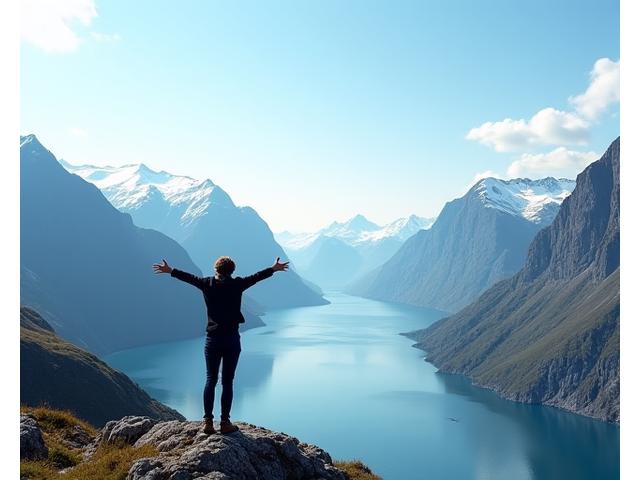 Illustrasjon av en person som nyter friluftsliv i en rolig norsk fjordlandskap, uten mobiltelefon, under en klar himmel som symboliserer frihet og mental klarhet.