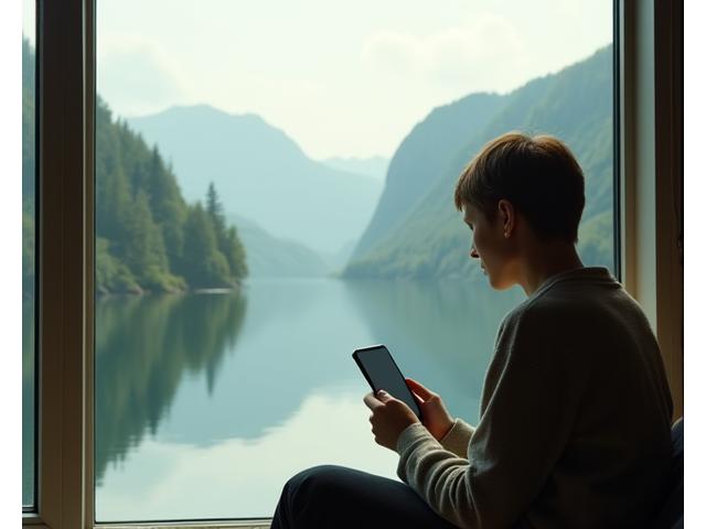 En person som sitter ved et vindu med en rolig utsikt over norsk natur, holder et tomt mobiltelefondeksel og reflekterer over ro i øyeblikket, symboliserende frihet fra digital overbelastning.
