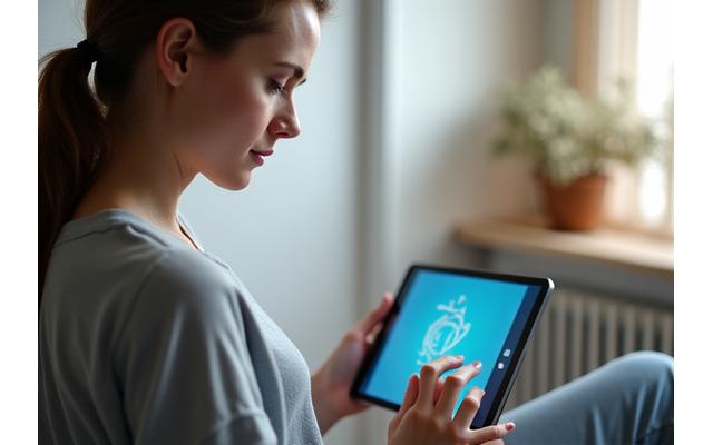 En person med et rolig uttrykk som ser reflekterende på en tablet i et naturlig, lyst miljø, symboliserer bevisst teknologi bruk.