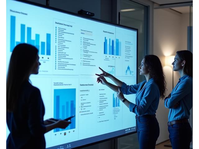 Personer som samarbeider på en digital whiteboard, med kolleger på ulike lokasjoner, viser sømløs kommunikasjon.