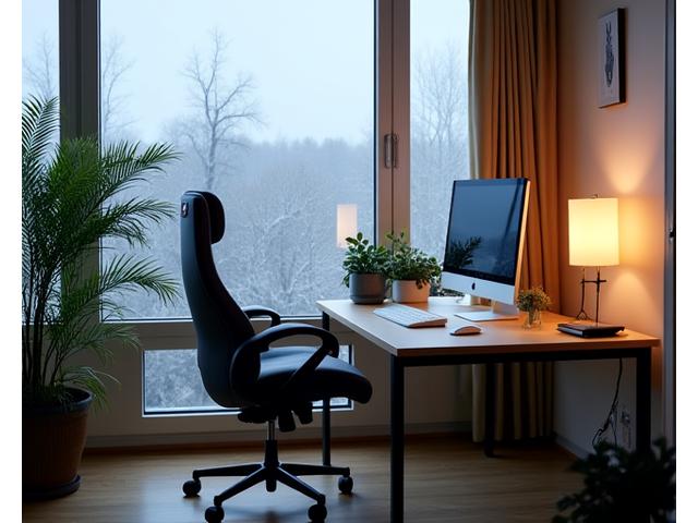 Ergonomisk hjemmekontor i en moderne norsk leilighet med utsikt, god belysning og grønne planter.
