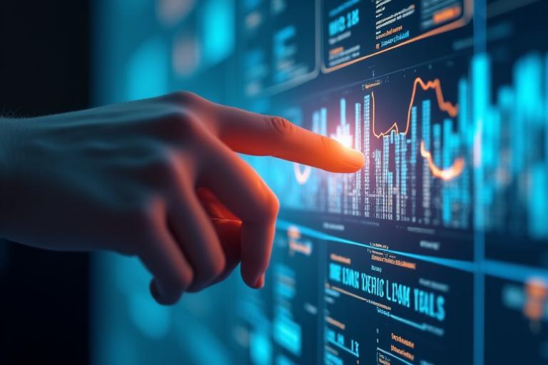 En hånd som interagerer med et futuristisk grensesnitt som viser sømløs dataflyt, symboliserer AI automatisering