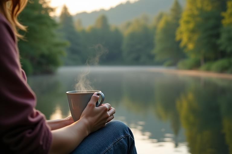 En person som slapper av i naturen med en kopp kaffe, uten forstyrrende digitale enheter, symboliserer digital detox