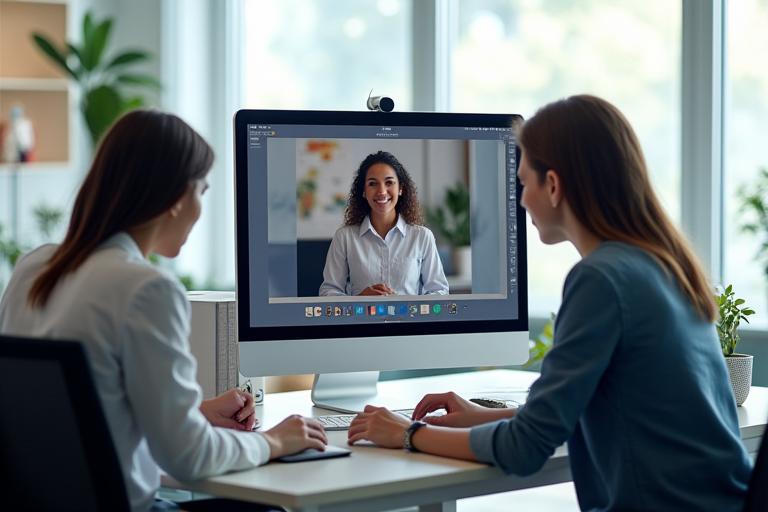 To kolleger som samarbeider effektivt både på kontoret og via videosamtale, symboliserer hybridarbeid