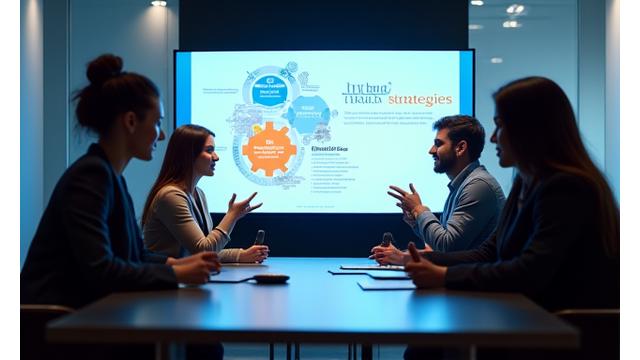 Gruppe mennesker som diskuterer foran en storskjerm, symboliserer et webinar om hybridarbeid