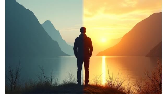 Konseptuell representasjon av før og etter en livsstilstransformasjon, med en skyggefull, stresset silhuett som gradvis blir en lysere, mer energisk og balansert figur mot en nordisk naturbakgrunn.