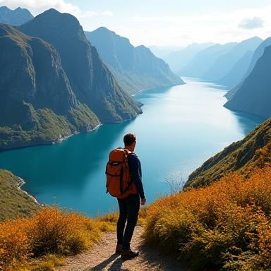 En person på en fjelltur i vakkert norsk landskap, symboliserer friluftsliv og balanse.