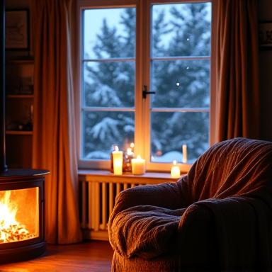 En koselig scene fra et norsk hjem med stearinlys og varme pledd, symboliserer mestring av mørketiden og hygge.