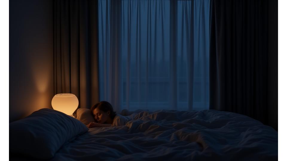 Et rolig, mørklagt nordisk soverom med lune tekstiler og en person som sover dypt, symboliserer optimal søvn i norske forhold.