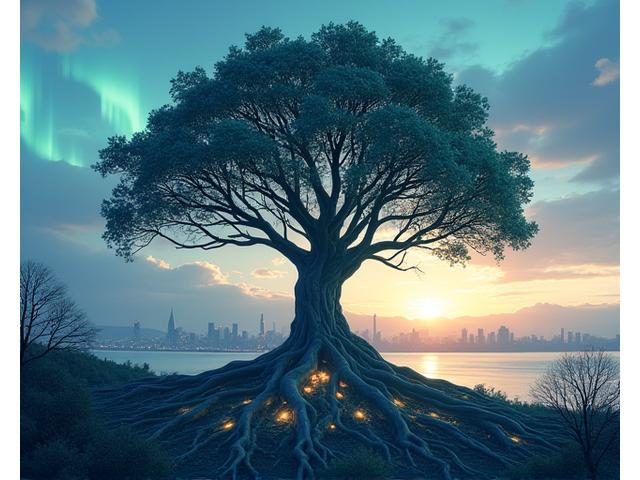 Et stilisert tre som vokser ut av en digital bylandskap, med nordlys i bakgrunnen, symboliserer Yggdrasil Vaners visjon om balanse og vekst i Oslo.