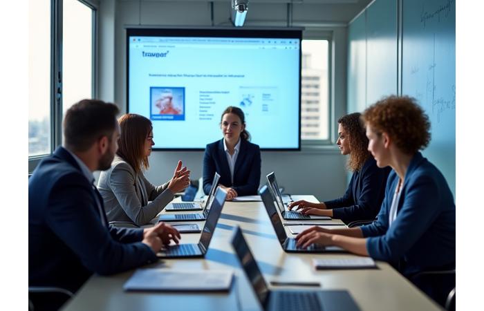 Et team som samarbeider effektivt i et moderne kontormiljø, med digitale verktøy og engasjerte ansikter.